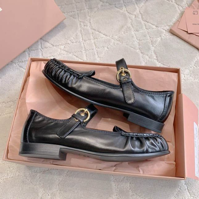 MIUMIU 26S LOAFERS IN BLACK CALFSKIN WITH STRAP