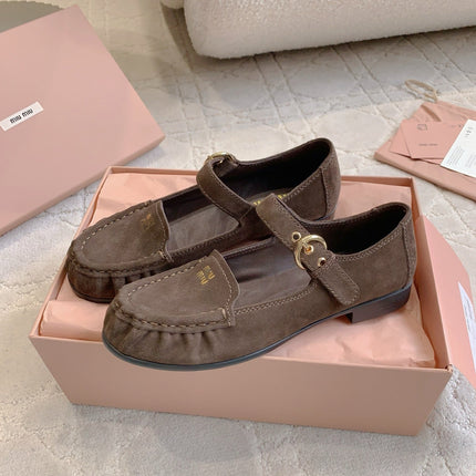 MIUMIU 26S LOAFERS IN BROWN SUEDE WITH STRAP
