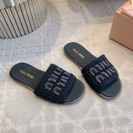 MIUMIU 26S SLIDE SANDALS IN BLACK CALFSKIN AND WOOL