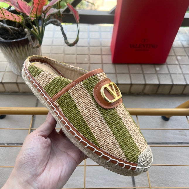 VALENTINO 26S ESPADRILLE MULES IN GREEN AND BEIGE RAFFIA