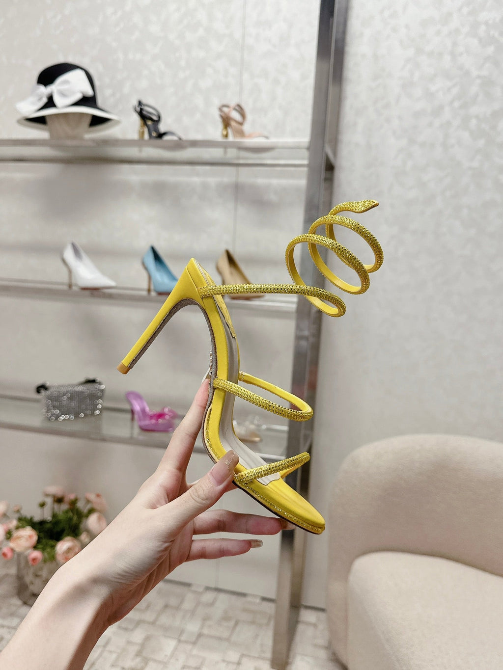 RENE CAOVILLA 26S STILETTO SANDALS 95 MM IN YELLOW LAMBSKIN