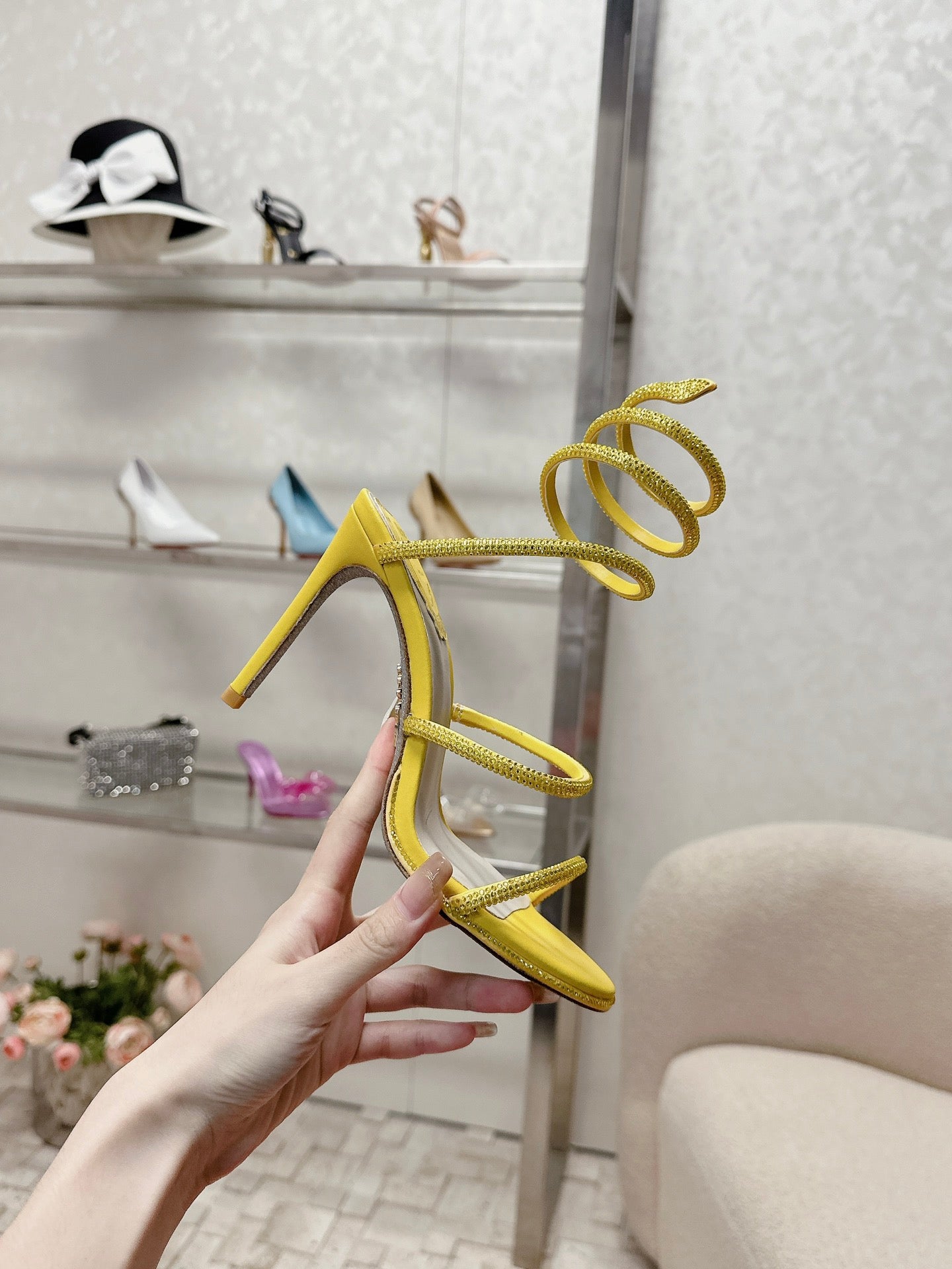 RENE CAOVILLA 26S STILETTO SANDALS 95 MM IN YELLOW LAMBSKIN