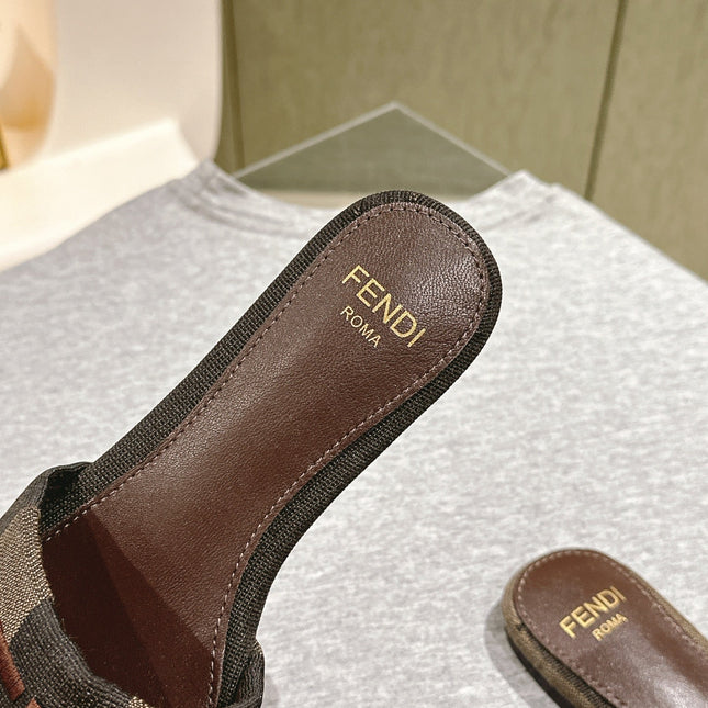 FENDI 26S SLIDE SANDALS IN KHAKI & DARK BROWN CANVAS