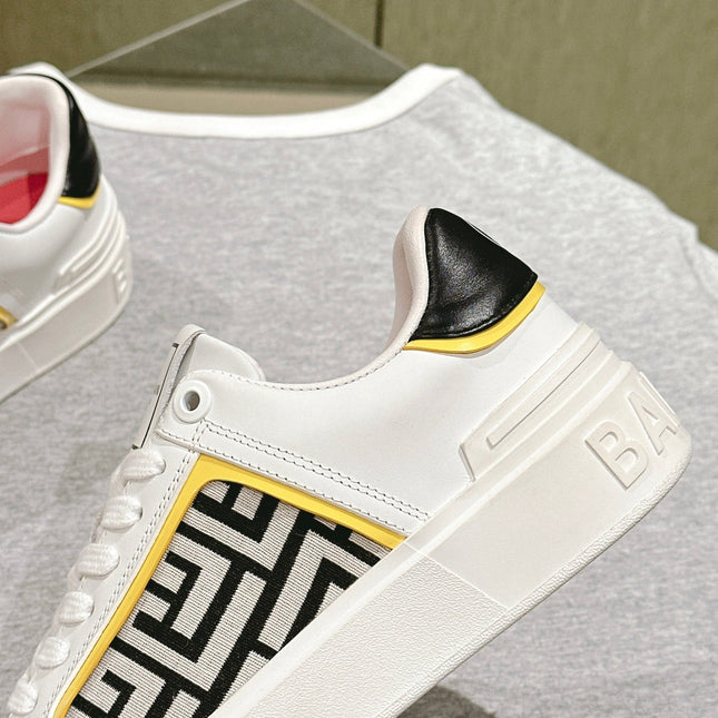 BALMAIN 26S SNEAKERS IN WHITE CALFSKIN AND BEIGE CANVAS