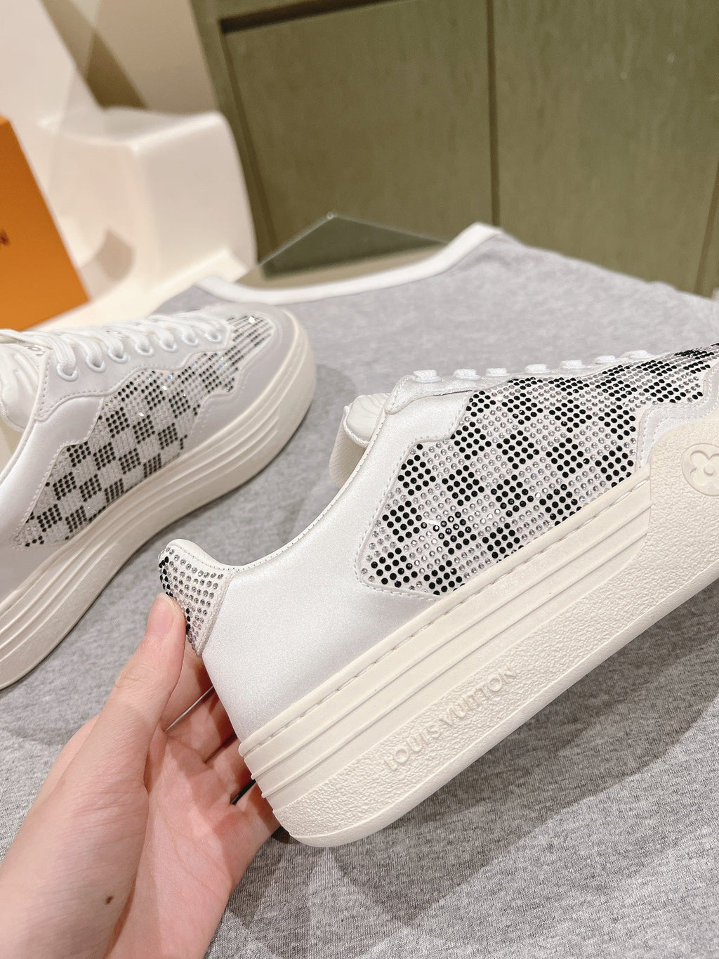 LV GROOVY SNEAKER IN WHITE MIX BLACK DAMIER STRASS AND CALFSKIN