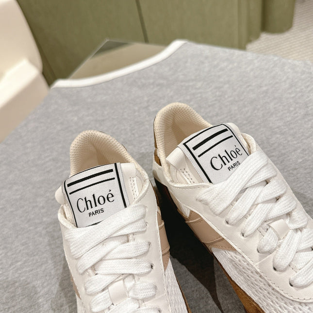 CHLOÉ 26S SNEAKERS IN WHITE MESH AND BROWN SUEDE
