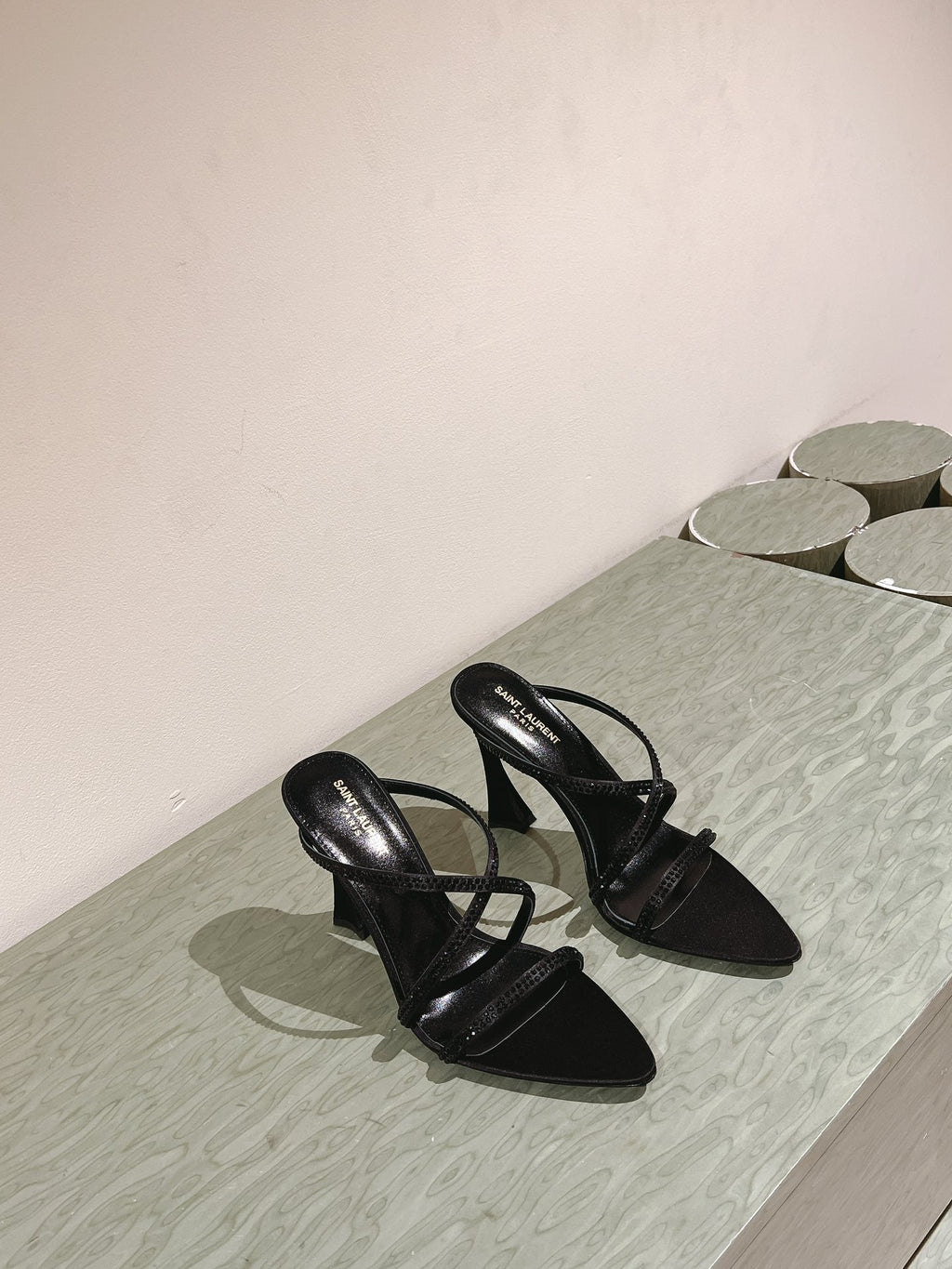 HIGH HEEL MULE 10 CM IN BLACK SATIN WITH RHINESTONES