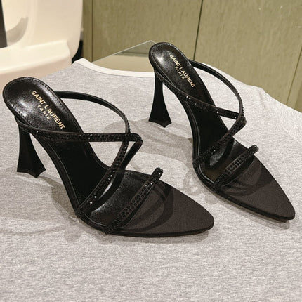 HIGH HEEL MULE 10 CM IN BLACK SATIN WITH RHINESTONES