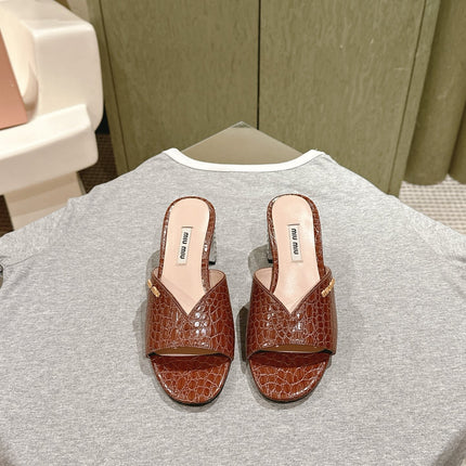JEWELLED HEEL 55 MULE SANDALS IN RUSET BROWN CALFSKIN