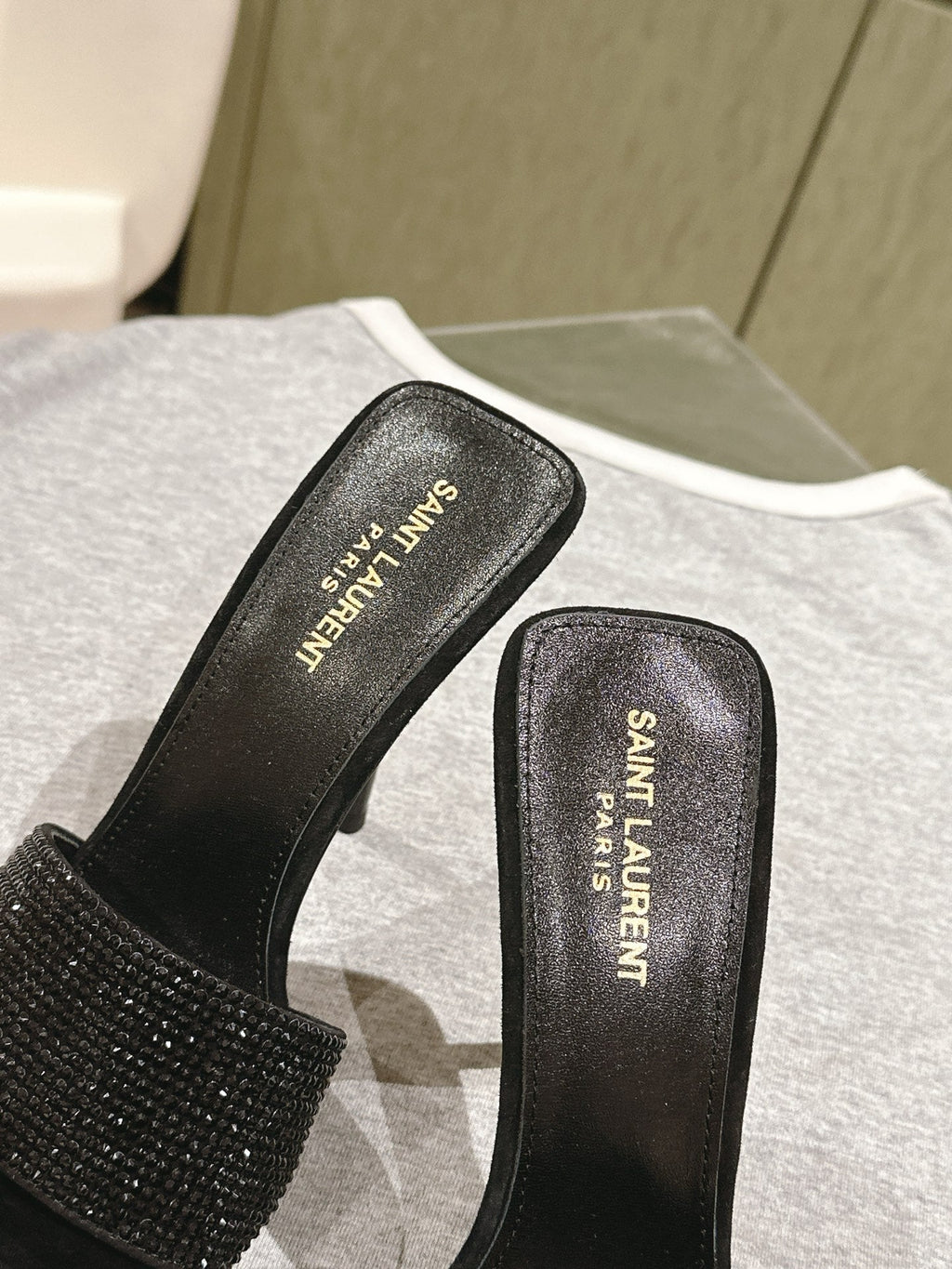 YSL 25S HEELED SANDALS 100 MM IN BLACK LAMBSKIN WITH RHINESTONE-EMBELLISHED STRAP