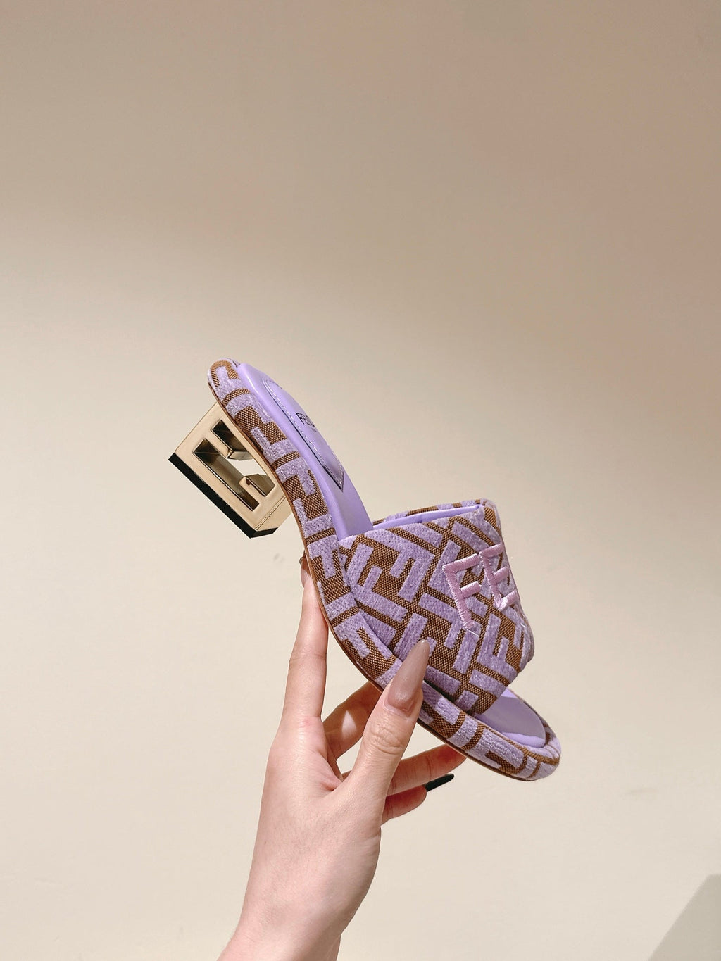 FENDI 26S HIGH SANDALS IN BROWN AND PURPLE FABRIC
