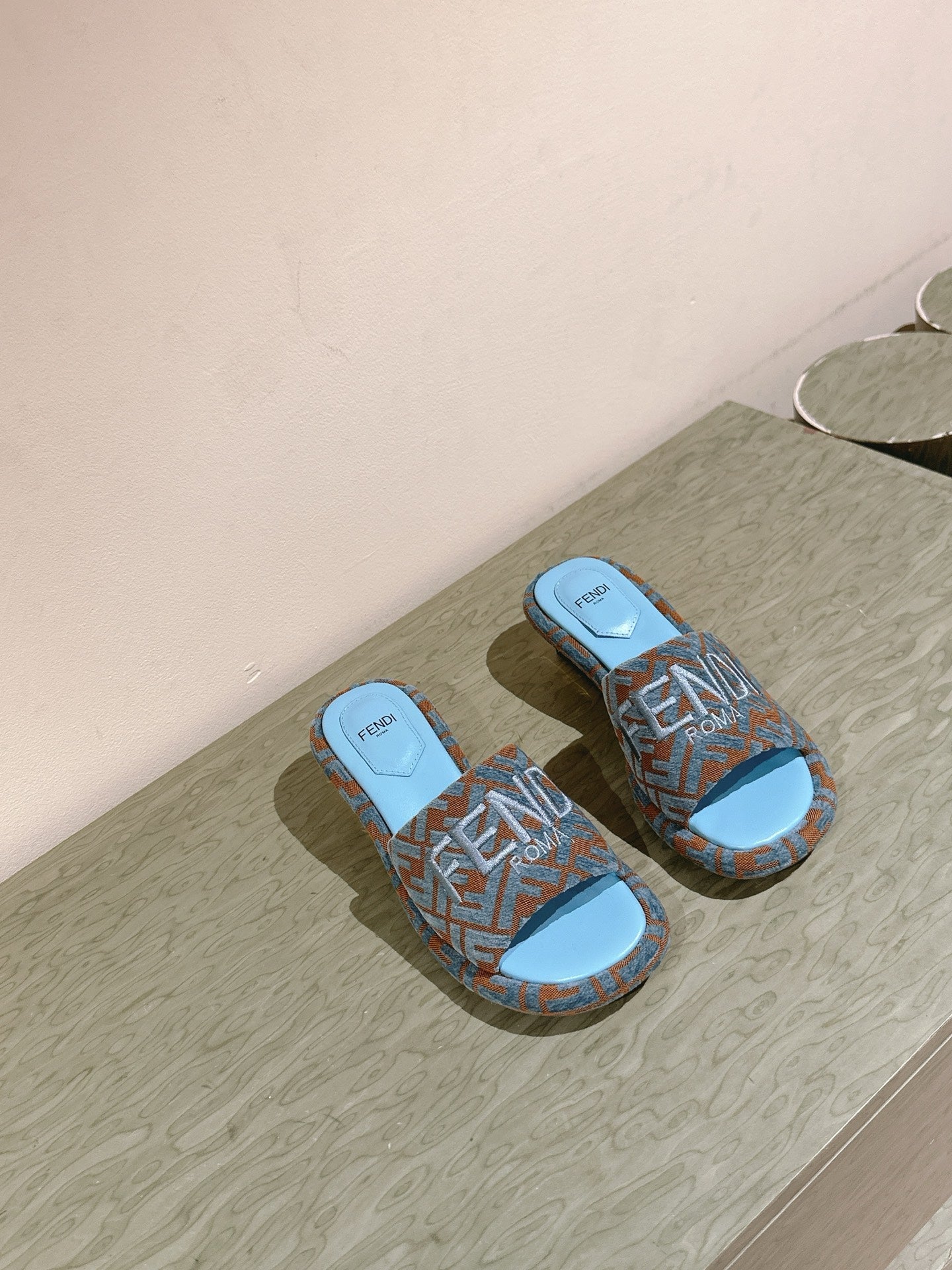 FENDI 26S HIGH SANDALS IN BLUE AND BROWN FABRIC