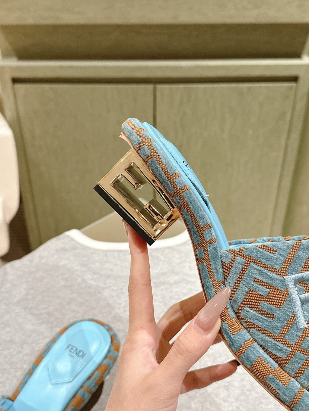 FENDI 26S HIGH SANDALS IN BLUE AND BROWN FABRIC