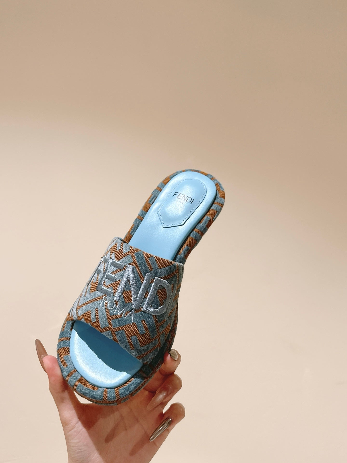 FENDI 26S HIGH SANDALS IN BLUE AND BROWN FABRIC