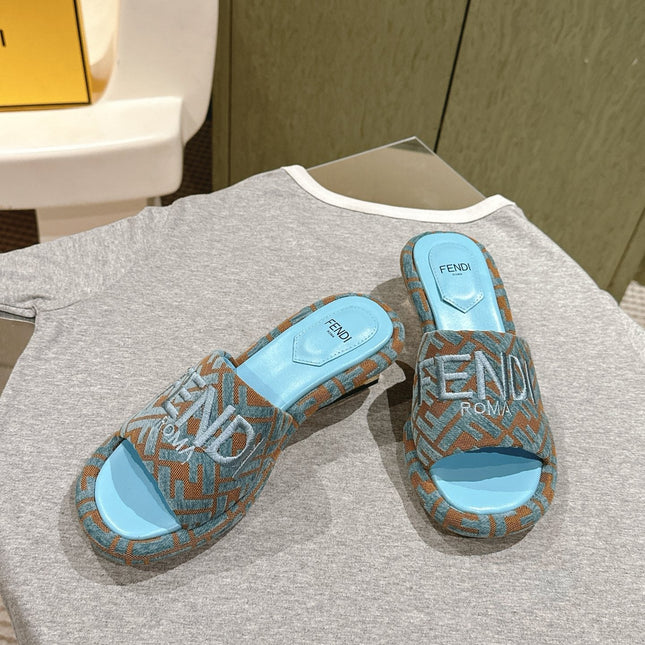 FENDI 26S HIGH SANDALS IN BLUE AND BROWN FABRIC