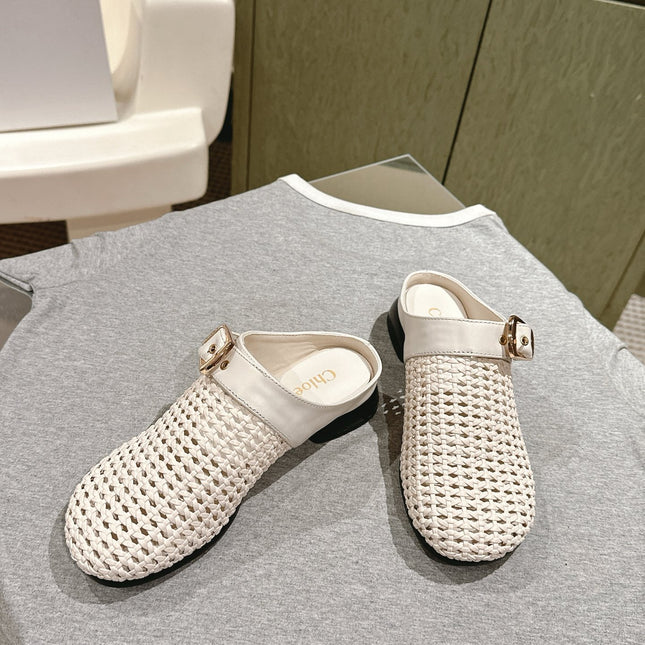 CHLOÉ 26S WOVEN MULES IN LIGHT BEIGE CALFSKIN