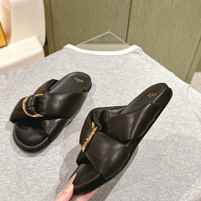 FENDI 26S WIDE CROSS-STRAP SANDALS IN BLACK LAMBSKIN