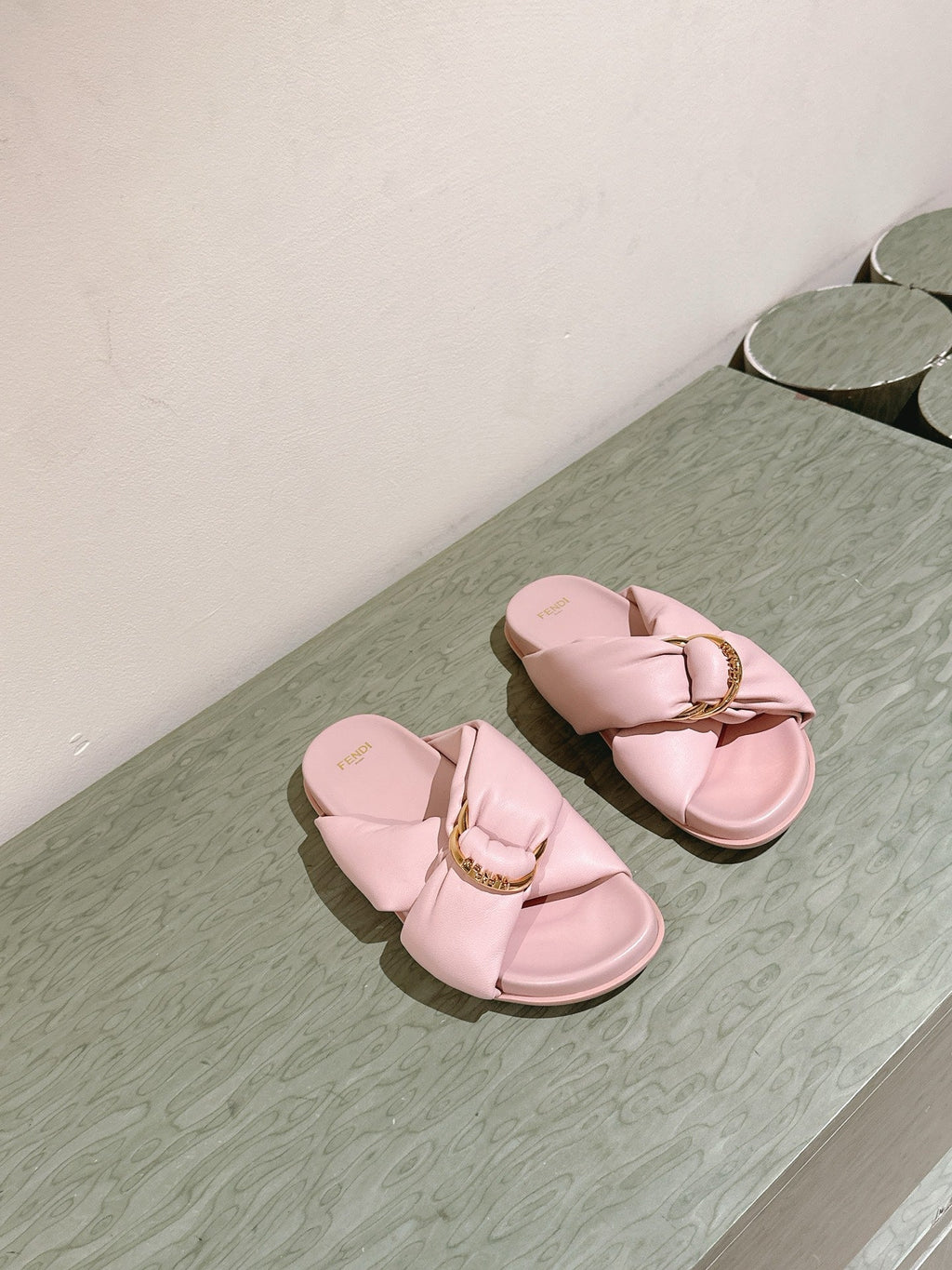 FENDI 26S WIDE CROSS-STRAP SANDALS IN LIGHT PINK LAMBSKIN