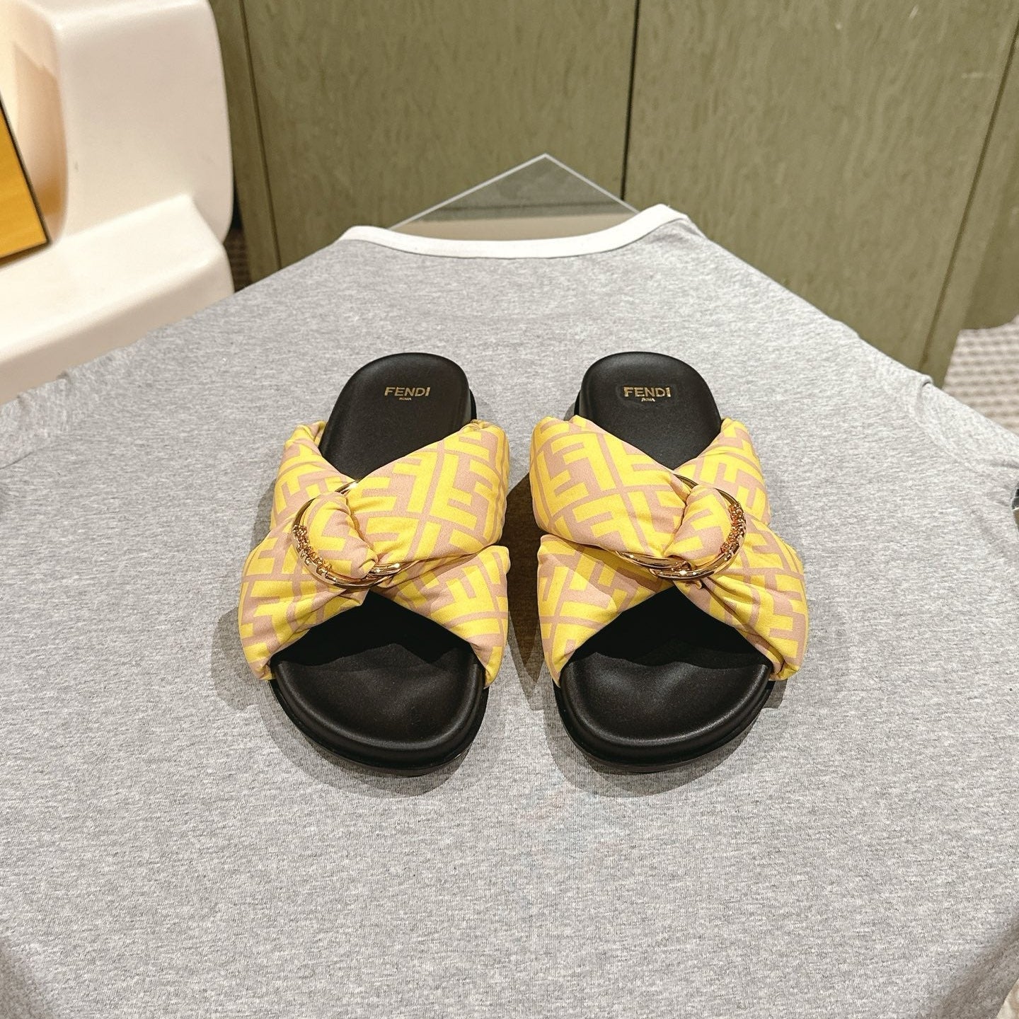 FENDI 26S WIDE CROSS-STRAP SANDALS IN YELLOW FABRIC
