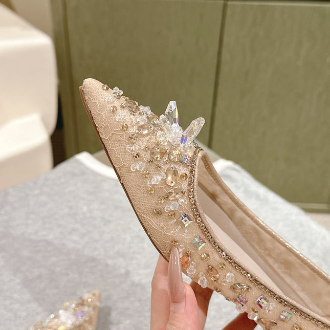 RENE CAOVILLA 26S BALLET FLATS IN BEIGE LACE FABRIC CRYSTAL EMBELLISHED