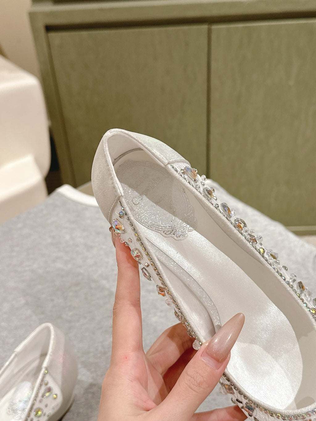 RENE CAOVILLA 26S BALLET FLATS IN WHITE LACE FABRIC CRYSTAL EMBELLISHED