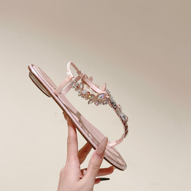 RENE CAOVILLA 26S THONG SANDALS IN NUDE PINK LAMBSKIN WITH CRYSTAL