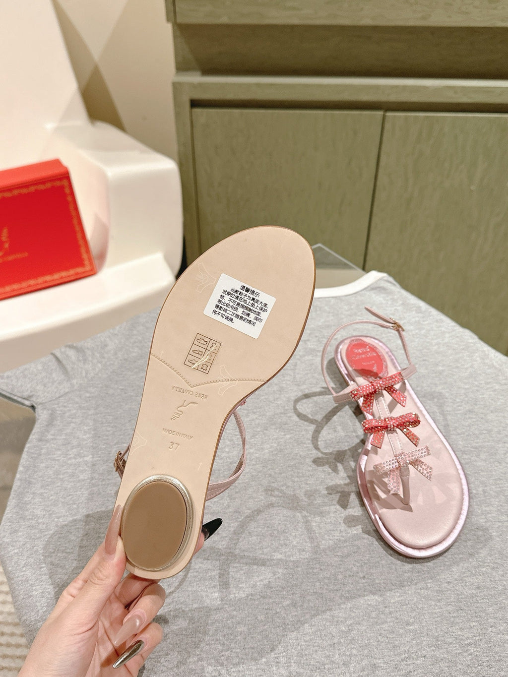 RENE CAOVILLA 26S SANDALS IN LIGHT PINK LAMBSKIN WITH BOW