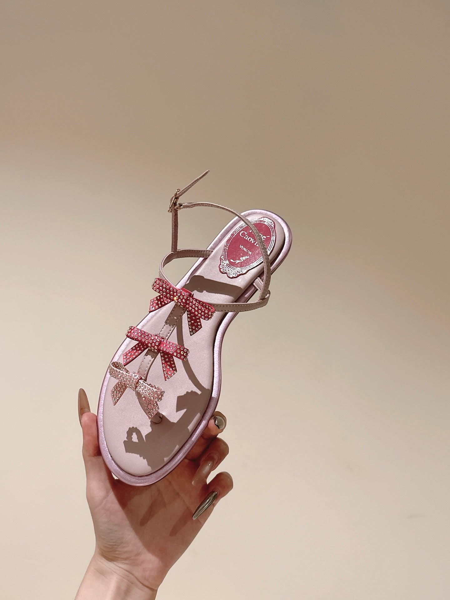 RENE CAOVILLA 26S SANDALS IN LIGHT PINK LAMBSKIN WITH BOW