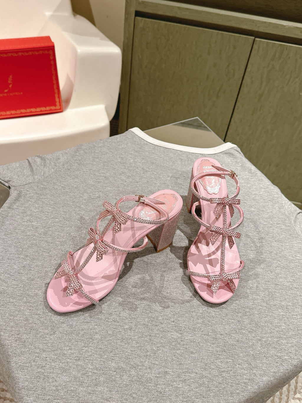 RENE CAOVILLA 26S HEELED SANDALS 75 MM IN LIGHT PINK LAMBSKIN WITH BOW