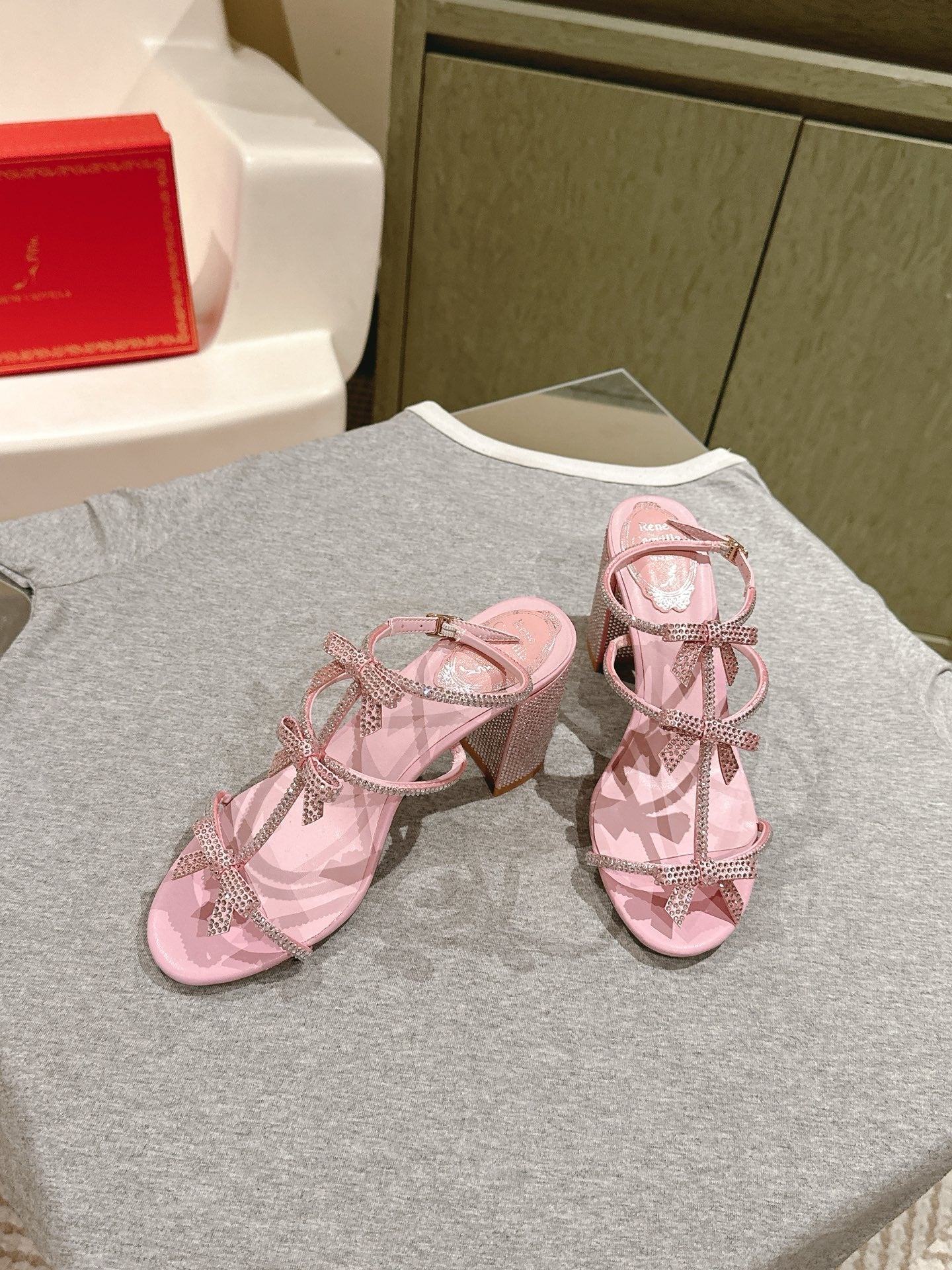 RENE CAOVILLA 26S HEELED SANDALS 75 MM IN LIGHT PINK LAMBSKIN WITH BOW