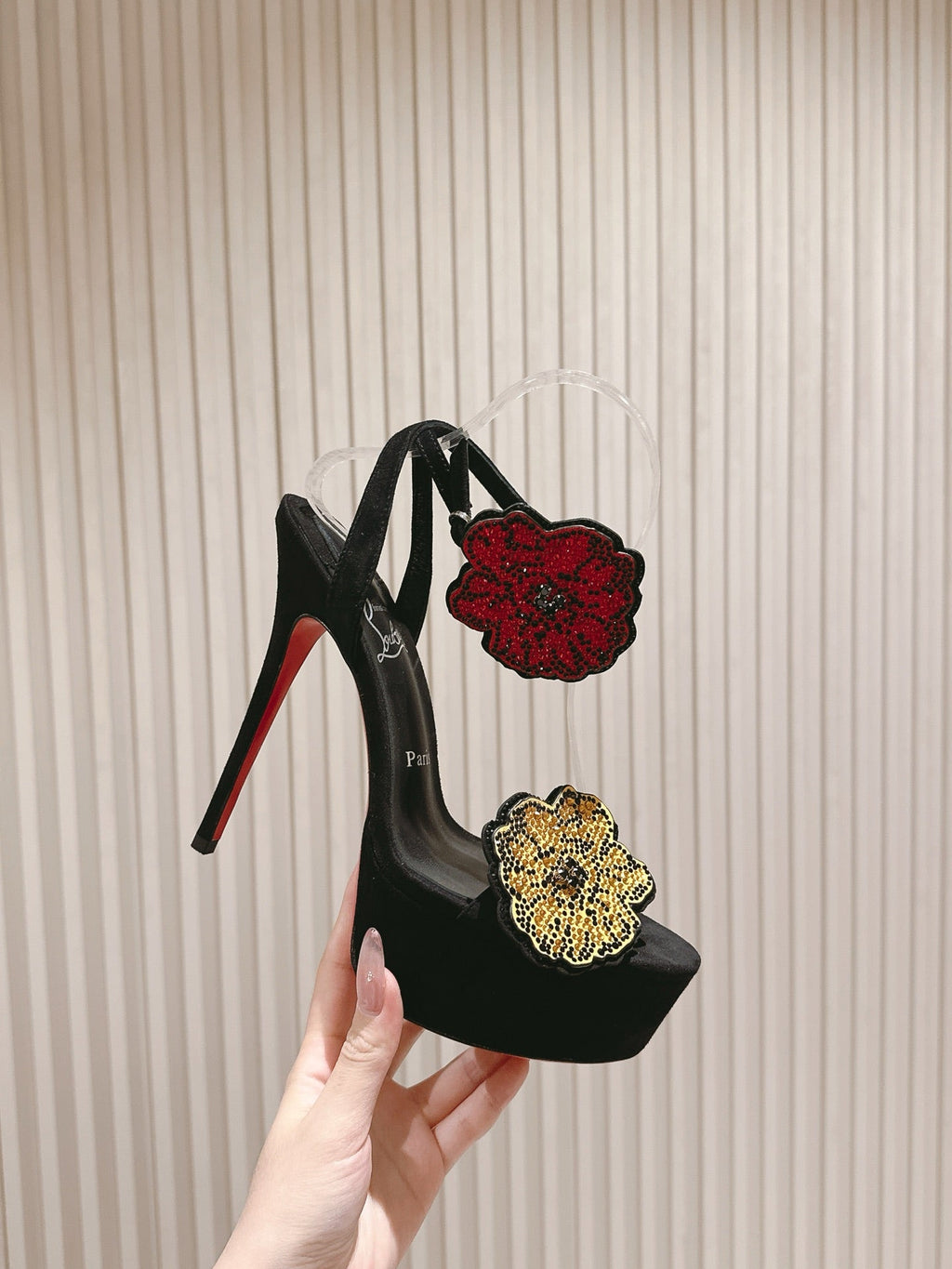 BEADED FLORAL EMBELLISHED STRAPPY SANDALS 135MM IN BLACK VELVET MIX CALFSKIN