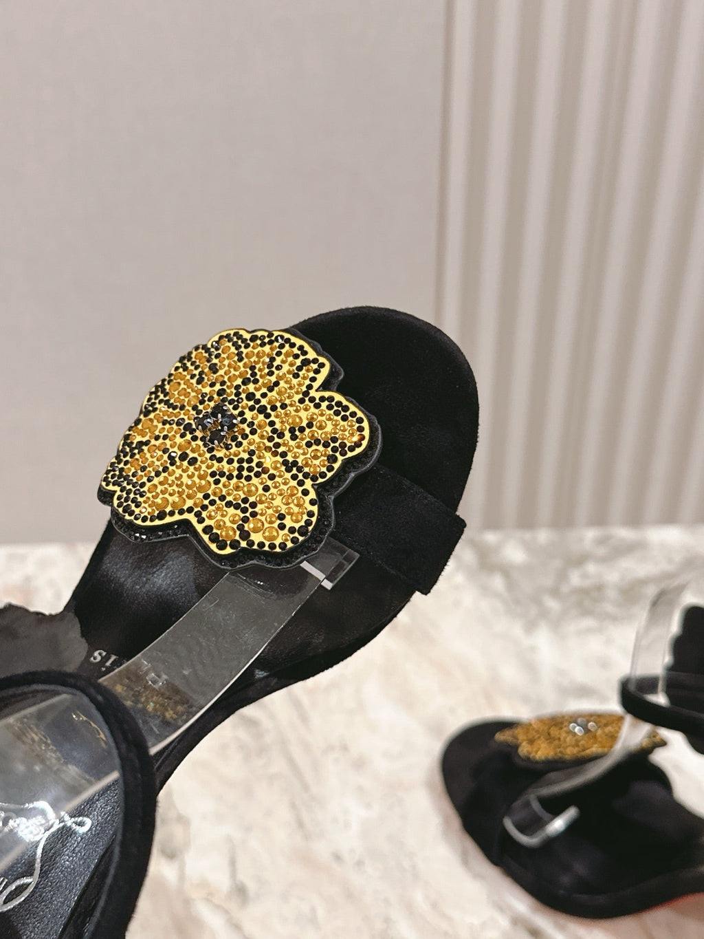 BEADED FLORAL EMBELLISHED SANDALS 135MM IN BLACK VELVET MIX CALFSKIN