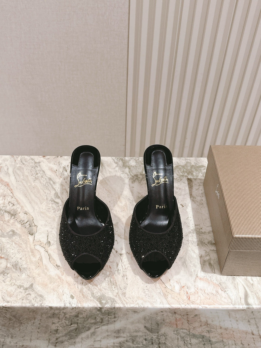 DOLLY STRASS SOLE SLIDE SANDALS 85MM IN BLACK CALFSKIN