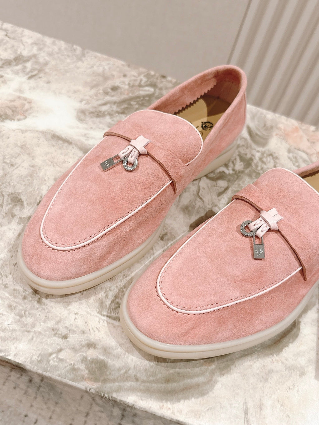LP LOAFERS 25S IN LIGHT PINK SUEDE WITH SILVER HARDWARE