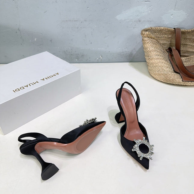 AMINA CRYSTAL HIGH HEELS 100MM IN BLACK SATIN