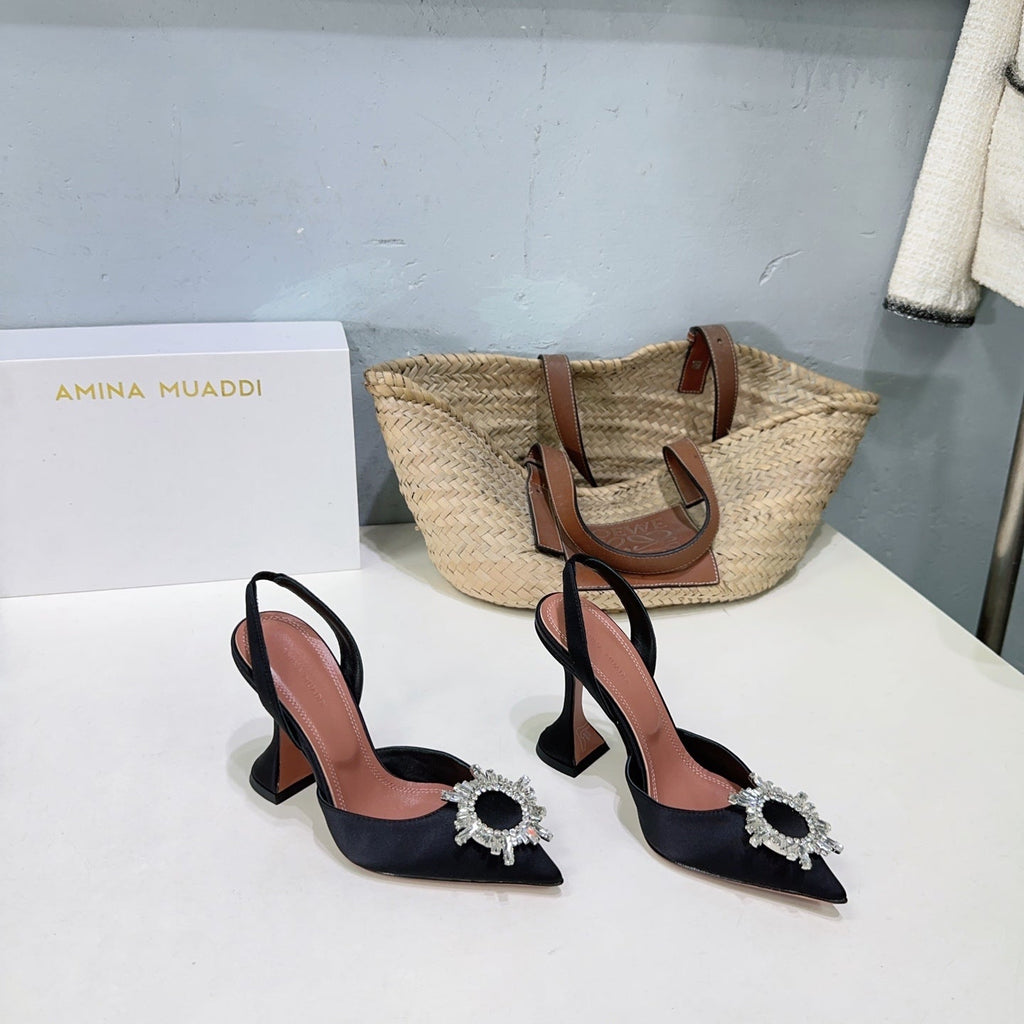 AMINA CRYSTAL HIGH HEELS 100MM IN BLACK SATIN