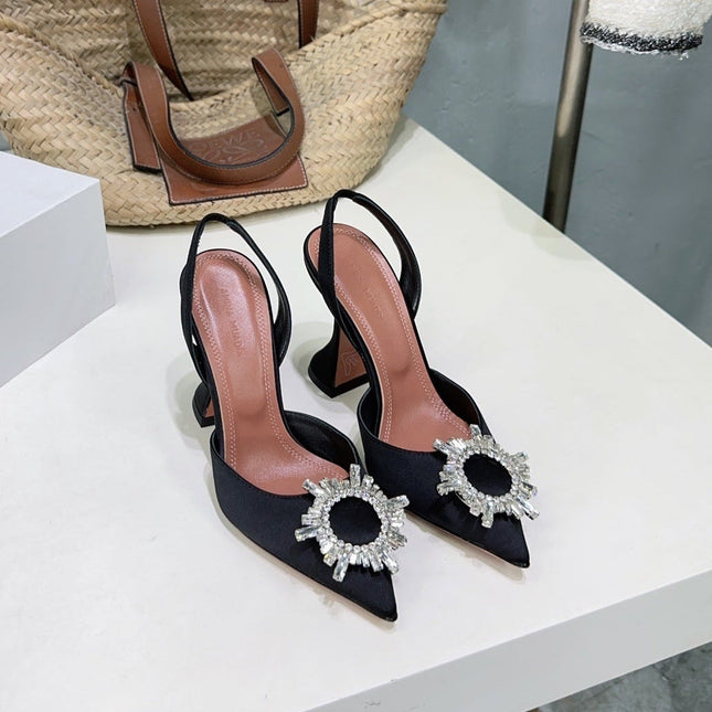 AMINA CRYSTAL HIGH HEELS 100MM IN BLACK SATIN