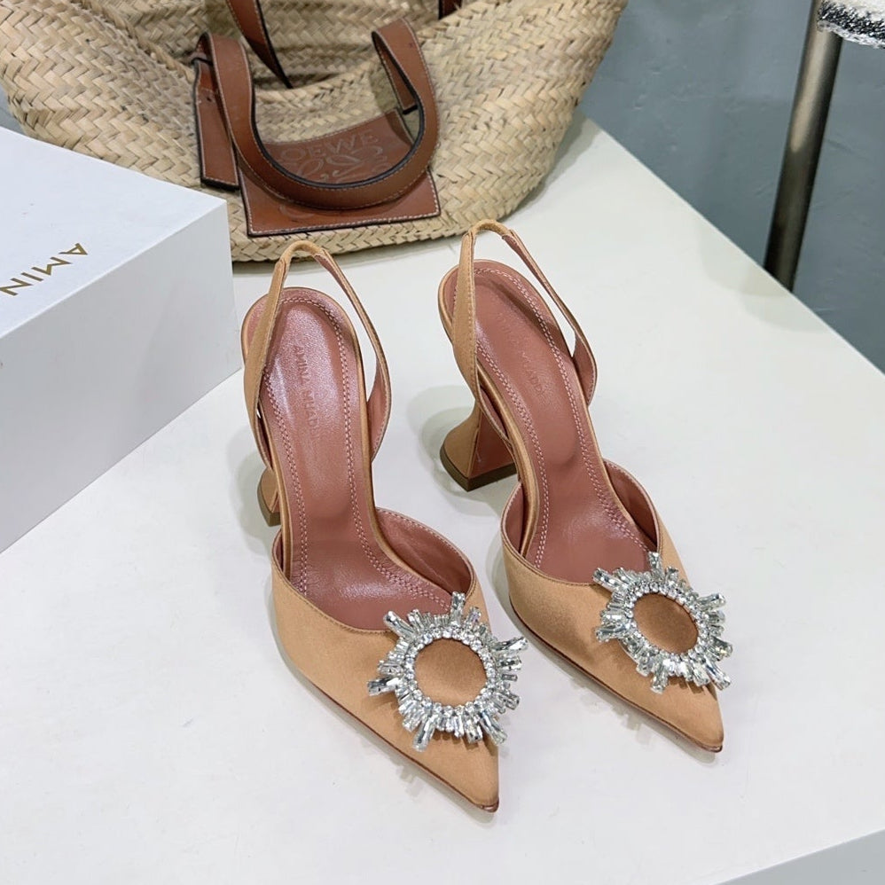 AMINA CRYSTAL HIGH HEELS 100MM IN BROWN SATIN