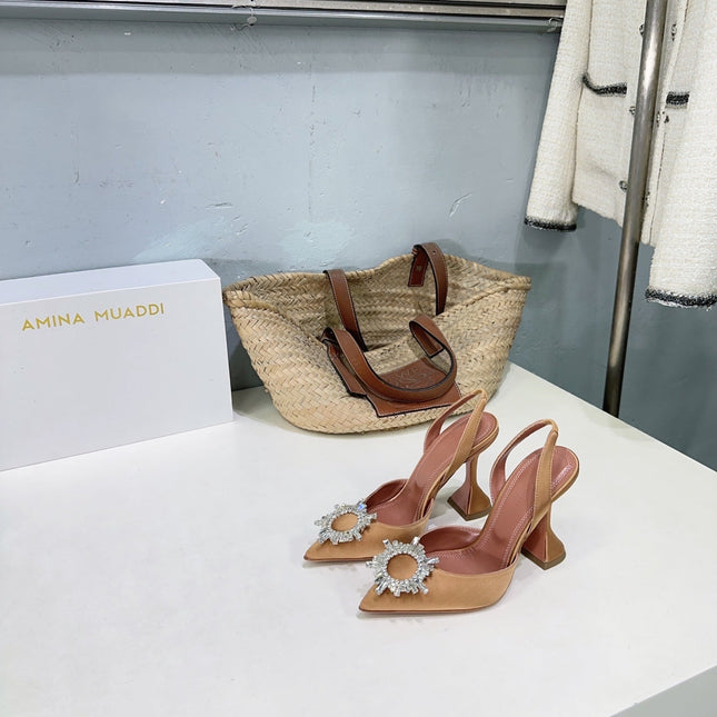 AMINA CRYSTAL HIGH HEELS 100MM IN BROWN SATIN