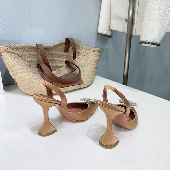 AMINA CRYSTAL HIGH HEELS 100MM IN BROWN SATIN