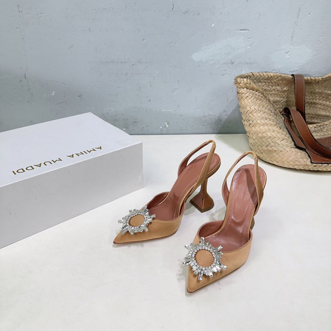AMINA CRYSTAL HIGH HEELS 100MM IN BROWN SATIN