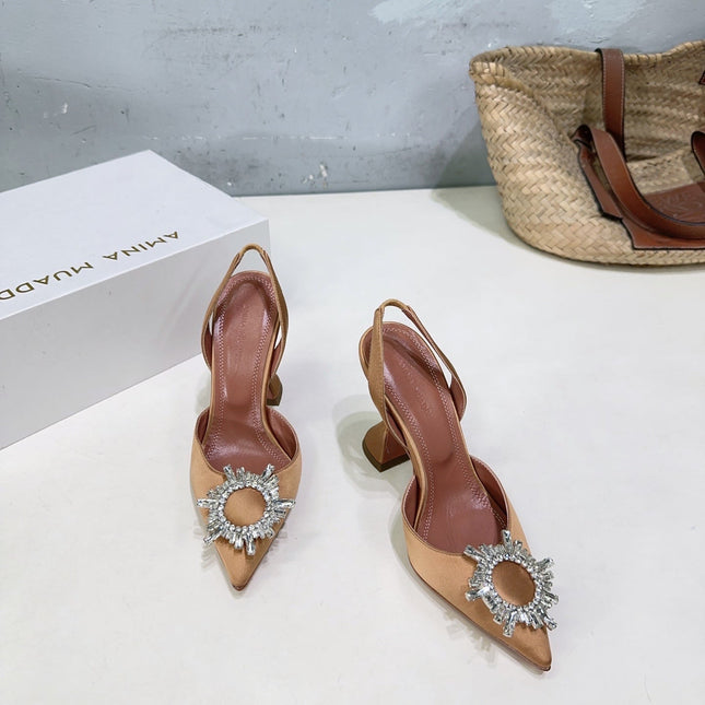 AMINA CRYSTAL HIGH HEELS 100MM IN BROWN SATIN