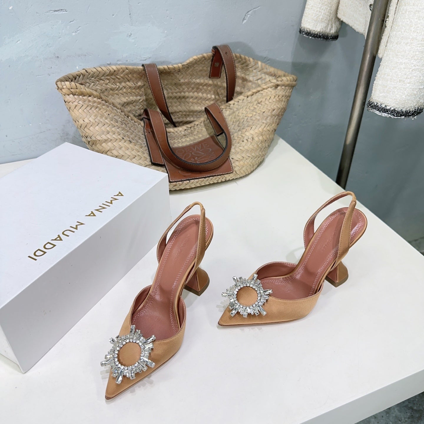 AMINA CRYSTAL HIGH HEELS 100MM IN BROWN SATIN