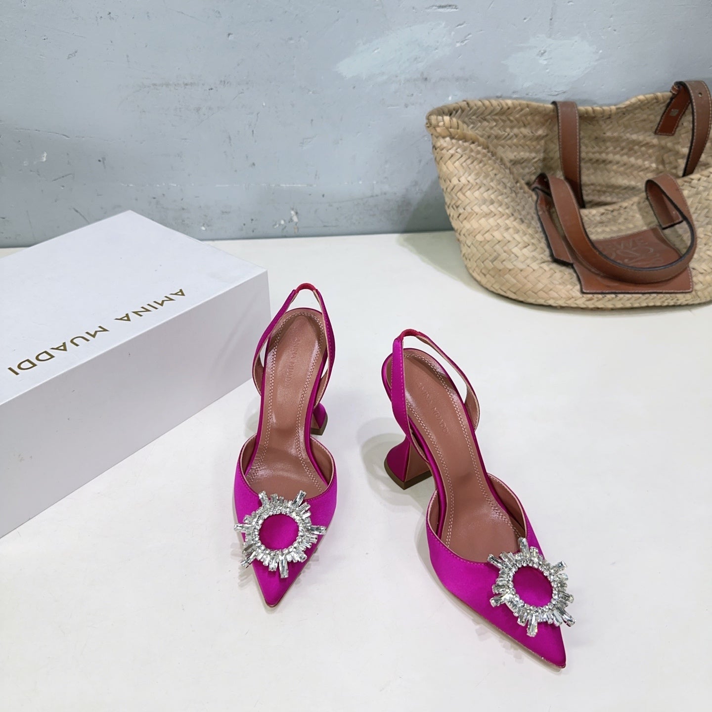 AMINA CRYSTAL HIGH HEELS 100MM IN PINK SATIN