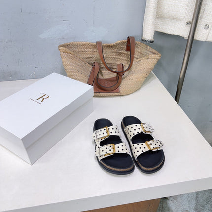 THE ROW 26S DOUBLE STRAP SLIDE SANDALS IN WHITE POLKA DOT CALF HAIR CALFSKIN