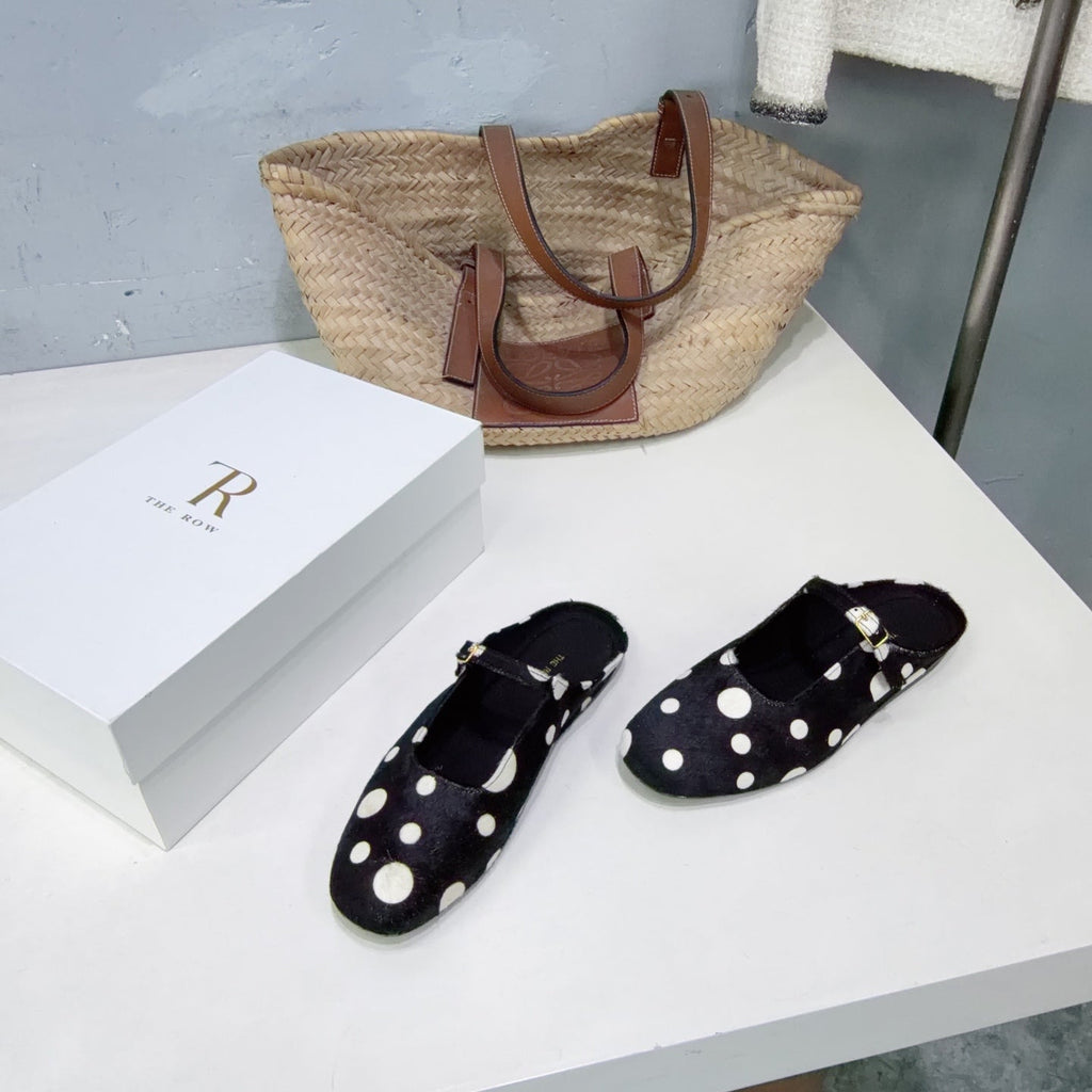 THE ROW 26S MARY JANE FLATS IN BLACK CALFSKIN POLKA DOT CALF HAIR