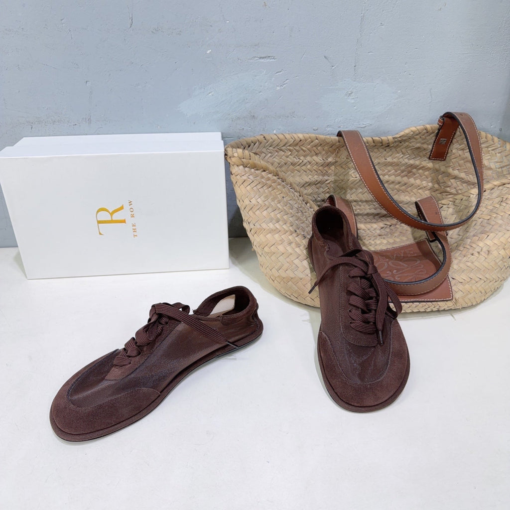 THE ROW 26S LACE UP SNEAKERS IN DARK BROWN SUEDE AND MESH