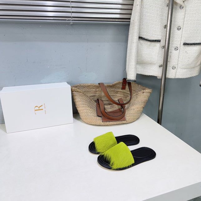 THE ROW 26S SLIDES SANDALS IN GREEN MINK FUR AND BLACK CALFSKIN