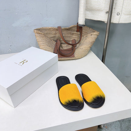 THE ROW 26S SLIDES SANDALS IN YELLOW MINK FUR AND BLACK CALFSKIN