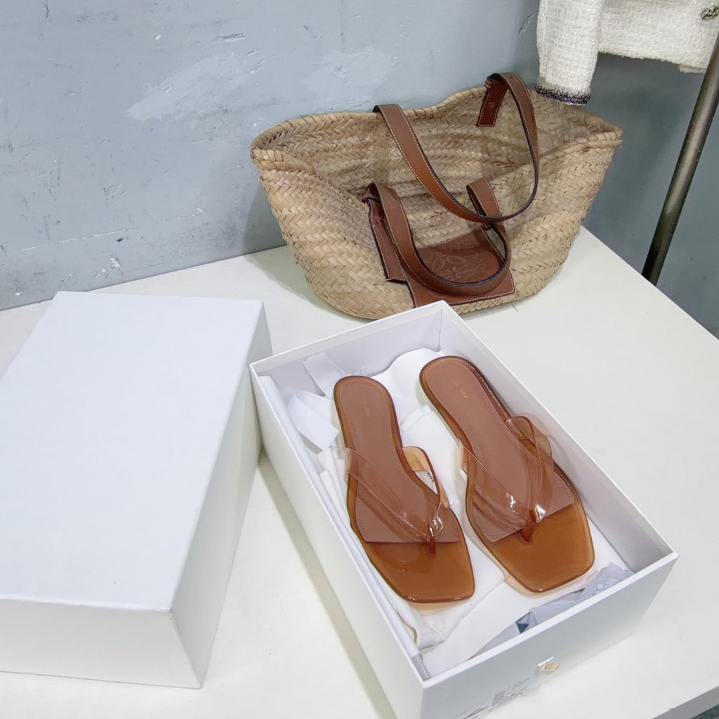 THE ROW 26S SQUARE TOE THONG SANDALS IN TRANSLUCENT BROWN PVC WITH SILVER FOOTBED